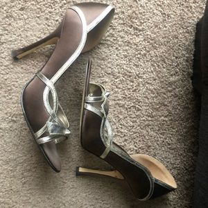 Joy O Chocolate and Gold Open Toe Heels
